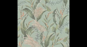 BLADEREN EN BLOEMEN BEHANG | Junglestijl - Blauw Groen Beige Roze - Living Walls Drawn Into Nature