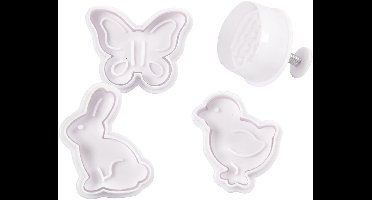 Uitsteekvormen Met Stempel - Paasdecoratie Vormpjes - Uitsteekvormen Set - Stempels Voor Paaseieren - Haas, Kip, Vlinder Vormpjes - DIY Bakvormen - Hoogte 5 cm - Set van 4 Stuks