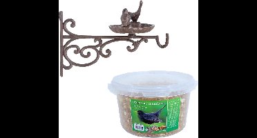 Wand vogel voederbak/drinkbak met haak gietijzer 35 cm inclusief 4-seizoenen mueslimix vogelvoer - Vogel voederstation