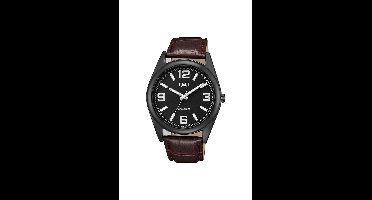 Q&Q Q68A-002PY - Horloge - Analoog - Heren - Mannen - Leren band - Rond - Metaal - Cijfers - Strepen - Bruin - Gun - Zilverkleurig - 3 ATM