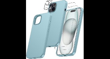 Hoesje Geschikt voor iPhone 15 – Zacht siliconen liquid backcover met 2x screenprotector gehard glas en 1x lens protector – Licht Blauw