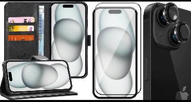 Hoesje geschikt voor iPhone 15 Plus - Screenprotector FullGuard & Camera Lens Screen Protector Zwart - Book Case Kunstleer Pasjeshouder Zwart