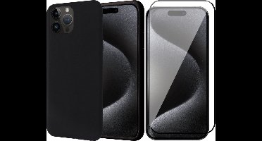 Hoesje geschikt voor iPhone 15 Pro Max - Screen Protector FullGuard - Back Cover Case SoftTouch Zwart & Screenprotector