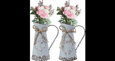 2 x vintage bloemenvaas, hartmelkkan, ijzeren bloempot, armoedige decoratie plantenvaas van zink, vaas in landhuisstijl, rustieke bloemenemmer voor tuin, woonkamer, tafeldecoratie