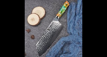 Damastmes – Keukenmes – Groentemes – Officemes – Snijmes – Gehamerd Damascus Staal – Resin Handvat 19,05 cm