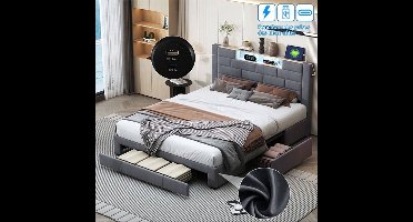Tweepersoonsbed 140x200 cm – Bed Met Opberglades – Ladebed – Opbergbed – Velvet Bed – Grijs Bekleed – 3 Ruime Lades – Stevig Met Houten Lattenbodem