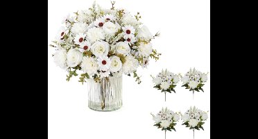 4 stuks kunstbloemenbundel - Satijn kunstrozen - Edelknop & chrysanthemum - Witte decoratie voor tafel, trouwfeesten & thuis