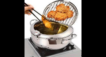 Professionele Frituurpan - Japanse RVS Tempura Frituurpan met Thermometer - Complete Set met Deksel en Oliedruiprek - Geschikt voor Friet, Kip en Garnalen - 24cm Keukenapparatuur