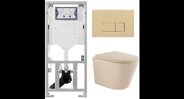 QeramiQ Dely Swirl Toiletset - 36.3x51.7cm - Geberit UP320 inbouwreservoir - met Burda frame - 35 mm zitting - bedieningsplaat beige - rechthoekige knoppen - beige