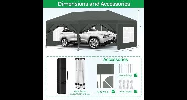 Party Tent - Opvouwbare - Tuinpaviljoen - 3x6m - Waterdichte - Verstelbare Hoogte - Gazebo - Pop-up Systeem - UV-Bestendig - Windbestendig - voor Tuin - Camping - Strand - BBQ - Donkergrijs