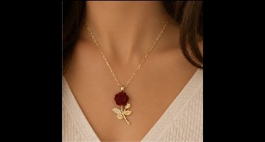 ketting - Ketting met een rode bloem - Verguld - Goudkleurig - Roestvrijstalen - bloem hanger ketting - vrouwen - cadeau - verjaardag cadeau