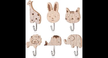 Houten dieren wandhaken set 6 stuks - Zelfklevende kapstokjes voor kinderkamer - Olifant, walvis, kat, leeuw, konijn, giraffe - Geen boren nodig - Slaapkamer en babykamer decoratie