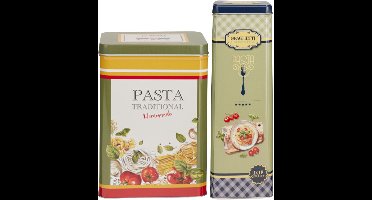 Pasta / spaghetti bewaarblik Nostagia set - groen /blauw - metaal - Italiaans - voorraadblik