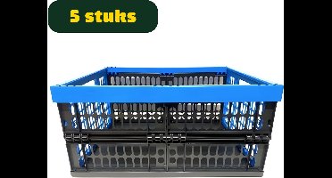 Budgetland Vouwkrat [5 Stuks] - 32 Liter - Klapkrat - Extra Sterk - Kunststof - Inklapbaar - Stapelbaar - Krat - Boodschappenkrat - Blauw/Zwart - 47,5 x 34,5 x 22,5 cm