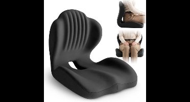 2-in-1 Ergonomisch zitkussen, bureaustoelkussen met lendensteun, orthopedisch kussen van traagschuim met uitsparing voor het stuitje, lendensteun voor verlichting van rug, heup en beenpijn, voor auto, vrachtwagen, kantoor, gamestoel, Zwart
