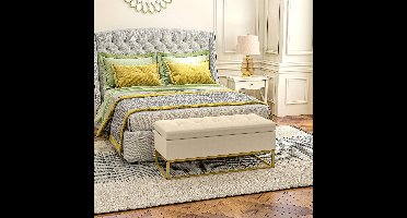 Opbergbank – Opbergbank – Zitbank – Bankje – Fluwelen Bank – Beige Velvet Bekleding – Gouden Metalen Poten – Scharnierend Deksel – 110x44x49 cm