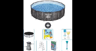 Bestway Rond Steel Pro MAX Zwembad - Houtprint - 427 x 107 cm - Inclusief Pomp - Ladder - Afdekzeil - Onderhoudspakket - Thermometer - 8-delig
