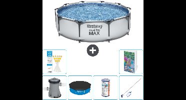 Bestway Rond Steel Pro MAX Zwembad - 305 x 76 cm - Grijs - Inclusief Pomp Afdekzeil - Filter - Schoonmaakset - 7-delig
