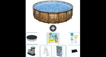 Bestway Rond Power Steel Swim Vista Zwembad - Houtprint - 488 x 122 - Inclusief Pomp - Ladder - Afdekzeil - Onderhoudspakket - Solar Mat - 8-delig