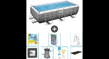 Bestway Rechthoekig Power Steel Zwembad - Rattanprint - 404 x 201 x 100 - Inclusief Pomp - Ladder Afdekzeil - Onderhoudspakket - Vloertegels - 8-delig