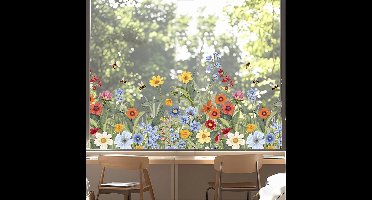 Set van 2 — 60 x 30 cm — Kleurrijke bloemenboeket-raamstickers | Bloemmotieven voor op glas | Met patronen van vlinders, wilde bloemen en grassen | Herbruikbaar & verwijderbaar | Ideaal voor de voorjaarsdecoratie thuis of op kantoor