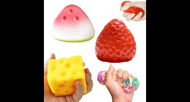 4 stuks aardbeienknijpspeeltjes, watermeloen knijpspeeltjes, zacht speelgoed voor kantoorpersoneel en studenten, zacht sensorisch speelgoed voor dagelijkse ontspanning, friemelspeeltje, kaas stressbal zacht speelgoed