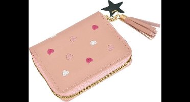 Kleine damesportemonnee, PU-leer, kleine portemonnee, kleine miniportemonnee, kleine leren damesportemonnee voor dames, lichtroze