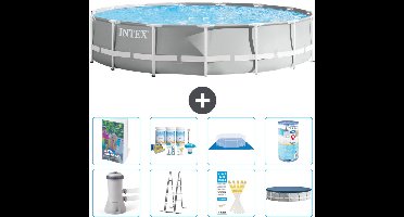 Intex Rond Prism Frame Zwembad - 457 x 107 cm - Grijs - Inclusief Pomp - Ladder - Grondzeil - Afdekzeil - Onderhoudspakket - Filter - 9-delig