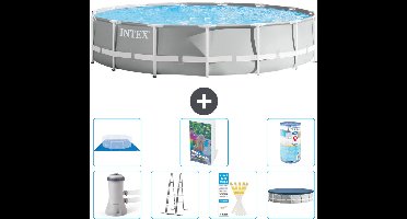 Intex Rond Prism Frame Zwembad - 457 x 107 cm - Grijs - Inclusief Pomp - Ladder - Grondzeil - Afdekzeil Filter - 8-delig
