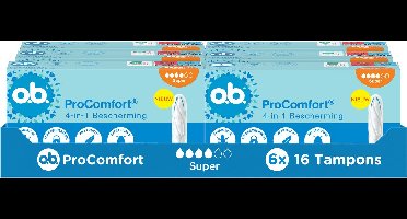 o.b. ProComfort Tampons 4-in-1 Bescherming – SilkTouch Oppervlak, Dynamic Fit, 100% Plantaardige Absorberende Kern, OEKO-TEX, Zonder Parfum & Chloorbleekmiddel, Super, 6x16 tampons