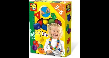 SES Creative – Ik Leer Rijgen – Montessori Speelgoed – Sensorisch Speelgoed – 18 Gekleurde Houten Kralen met Rijgkoord – Vanaf 3 jaar
