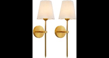 2 Stuks Moderne wandlampen - Wandlamp voor naast het bed in de slaapkamer - Wandverlichting met witte stoffen kap - Geschikt voor slaapkamer, woonkamer, gang en keuken - Goudkleurig