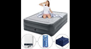 Intex Queen Comfort-Plush Luchtbed met ingebouwde pomp | Tweepersoons | Extra hoog | 203 x 152 x 56 cm | Inclusief bijpassend hoeslaken + reparatiekit + twee fleece dekens