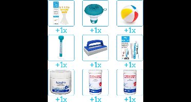 Alles-in-1 Zwembad Onderhoudspakket - bevat Chloor - PH-min - PH-plus - Thermometer - Scrubborstel - Reparatiesetje - Testrips - Chloordrijver en Strandbal (9-delig)