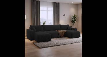 U-bank met opbergruimte Romee - Zwart - Teddy stof - U-zetel - Slaapbank met opbergruimte - U-hoekzetel - Chaise longue - U-zetel met slaapgedeelte - 4 zits