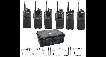 Set van 6 Kenwood TK3701d digitale licentie vrije portofoons incl. headsets en koffer