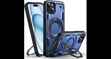 Magsafe Hoesje Geschikt voor iPhone 15 Hoesje Navy - Armor Hoesje met Met Draaibare Ring Houder