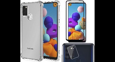 Hoesje geschikt voor Samsung Galaxy A21s - Transparant Shock Proof Case + Screen Protector Full + Camera Protector