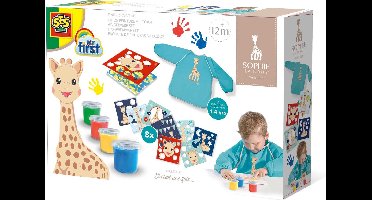 SES Creative - Sophie la Girafe - Vingerverf Set met Kliederschort - 4 kleuren vingerverf - inclusief verfschort, papier en overlegvellen - glutenvrij - makkelijk uitwasbaar - vingerverf vanaf 1 jaar