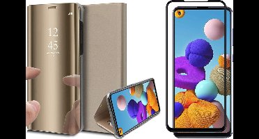 Hoesje geschikt voor Samsung Galaxy A21s - Screen Protector FullGuard - Book Case Spiegel Goud & Screenprotector