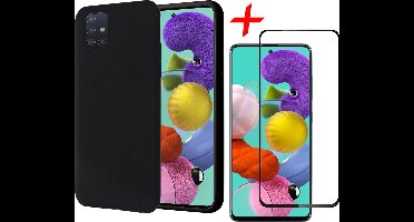 Hoesje geschikt voor Samsung Galaxy A51 - Liquid Siliconen Case Zwart + Screenprotector Full