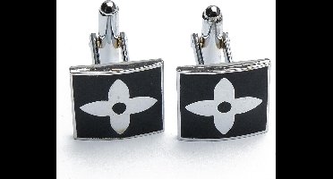 Manchetknopen - Vierkant Effen Zwart met Bloem