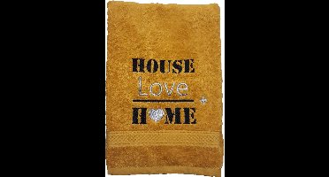 Gastendoekje Oker geel house love home geborduurd zwart met grijs