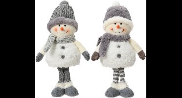 Decoris - Kerstdecoratie Sneeuwpoppen - Set van 2 – Polyester - Grijs/Sneeuw - H37 cm