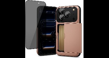 Hoesje met Pasjeshouder geschikt voor iPhone 17 Pro - Privacy Screenprotector FullGuard & Camera Lens Screen Protector Zwart - Back Cover SlideCase Roségoud
