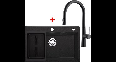 Sofetiy Max Granieten Spoelbak Antraciet 70x45CM - Spoelbakken met 3 Kraangat - Spoelbakken Keuken Met C-uitloop Keukenkraan - Enkele Spoelbak - Spoelbak Met Afdruiprek - Spoelbakken Incl. Sifon en Afvoerzeefje