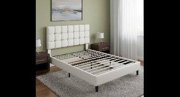 Luxe Gestoffeerd Tweepersoonsbed 140x200 cm – Verstelbaar Hoofdeinde & Robuust Metalen Frame – Beige Slaapcomfort-Medahomestore