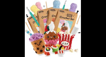 Haakpakket Food 4pcs – DIY Haakset voor Volwassenen – Inclusief ergonomische breinaalden – Popcorn, Bubble Tea, Sushi en Cupcake Amigurumi - Starters Set Voor Volwassenen - Joya Creative