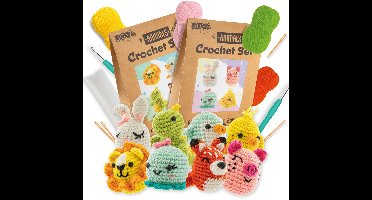 Haakpakket Dieren 8pcs – DIY Haakset voor Volwassenen – Inclusief ergonomische breinaalden – Octopus, Varken, Kuikentje, Konijn, Leeuw, Pinguïn, Dino en Vosje Amigurumi - Starters Set Voor Volwassenen - Joya Creative