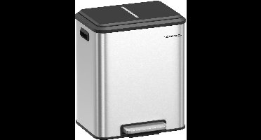 Furnstar Vuilnisemmer - Afvalscheidingssysteem 2 x 15 L - 2 vakken voor recycling en restafval - Afvalemmer met binnenemmer - Staal - Softclose deksel - Breed robuust pedaal - Metallic zilver